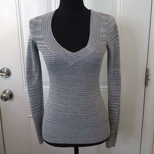 Express graystripe long sleeve v-neck sweater with silver metallic threading